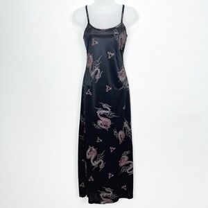 Vtg 90s Whimsigoth Maxi Dress Womens Small Black‎ Dragon Print Grunge Goth Siren